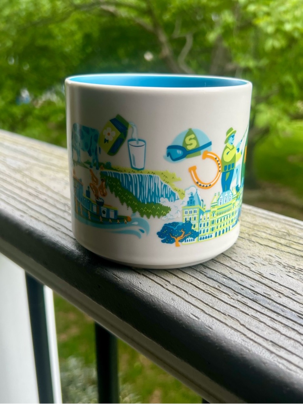 Starbucks White Mug with Turquoise Interior and Multicolor New York Design - Picture 3 of 4